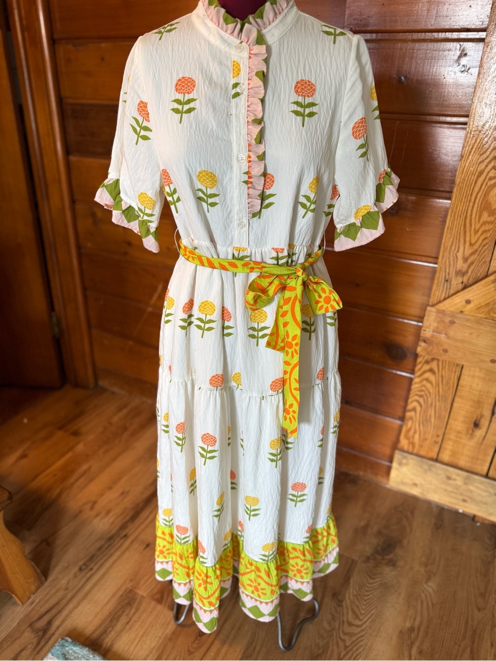 JODEFIL White Floral Tie-Waist Maxi Dress with Orange & Yellow Accents